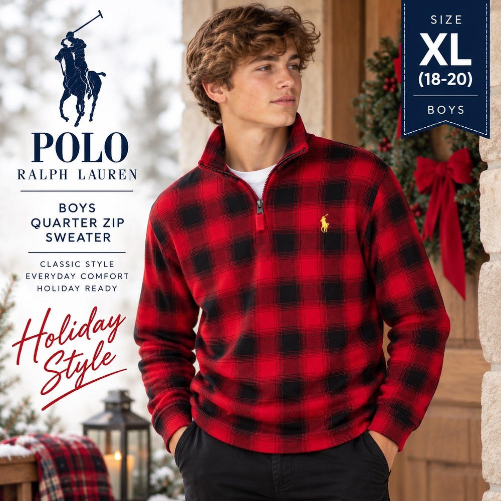 Polo Ralph Lauren 1/4 zip Sweater Boys XL 18-20 Red Buffalo Plaid Pony Holiday